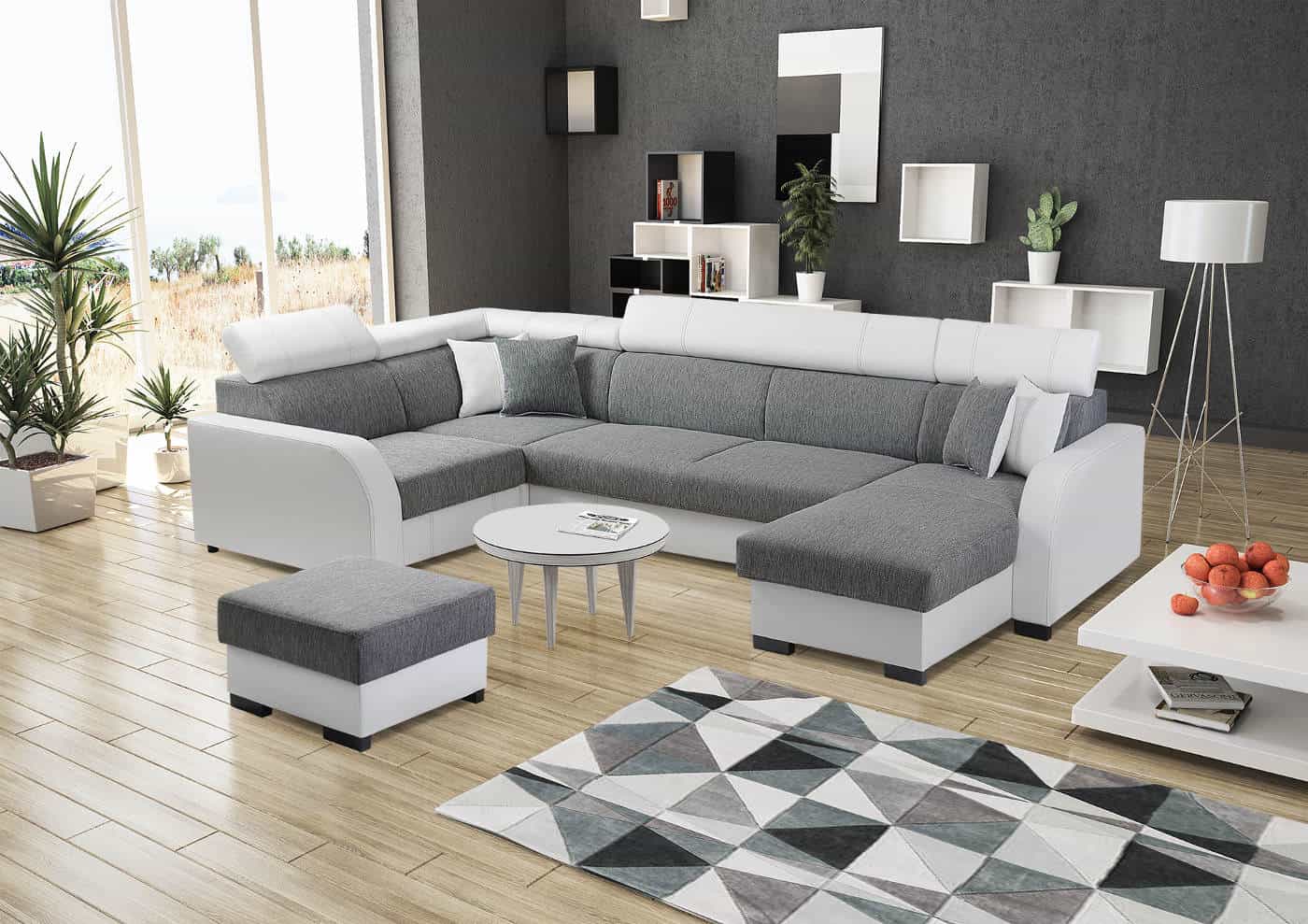 Børnecenter To grader plus Hvid og grå u-sofa med koldskum og justerbar nakkestøtte i flot design