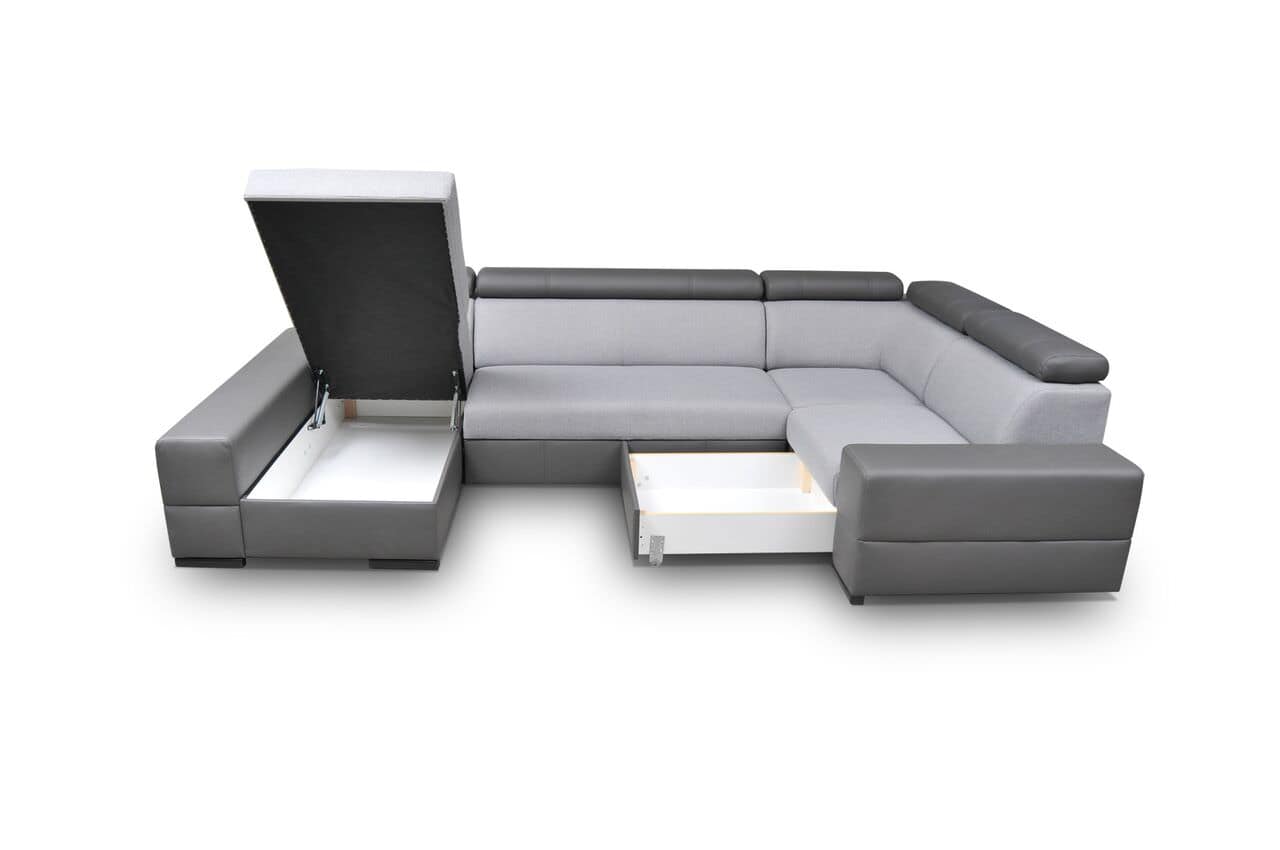 Toronto u-sofa, hvor der vises, hvordan to opbevaringer er indbygget i sofaen