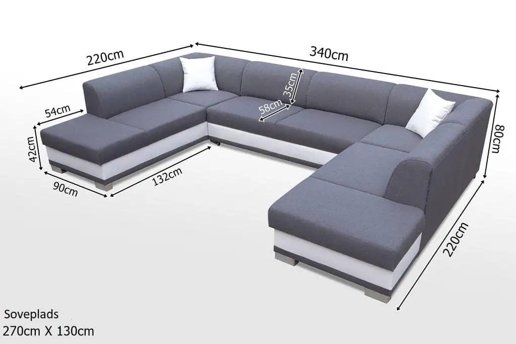Darco U-sofa vist med mål