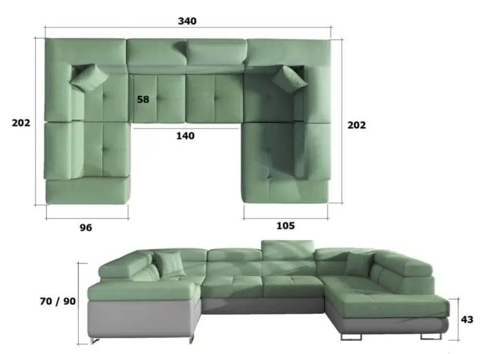 Prestige Two u sofa i grå og grøn farve set forfra