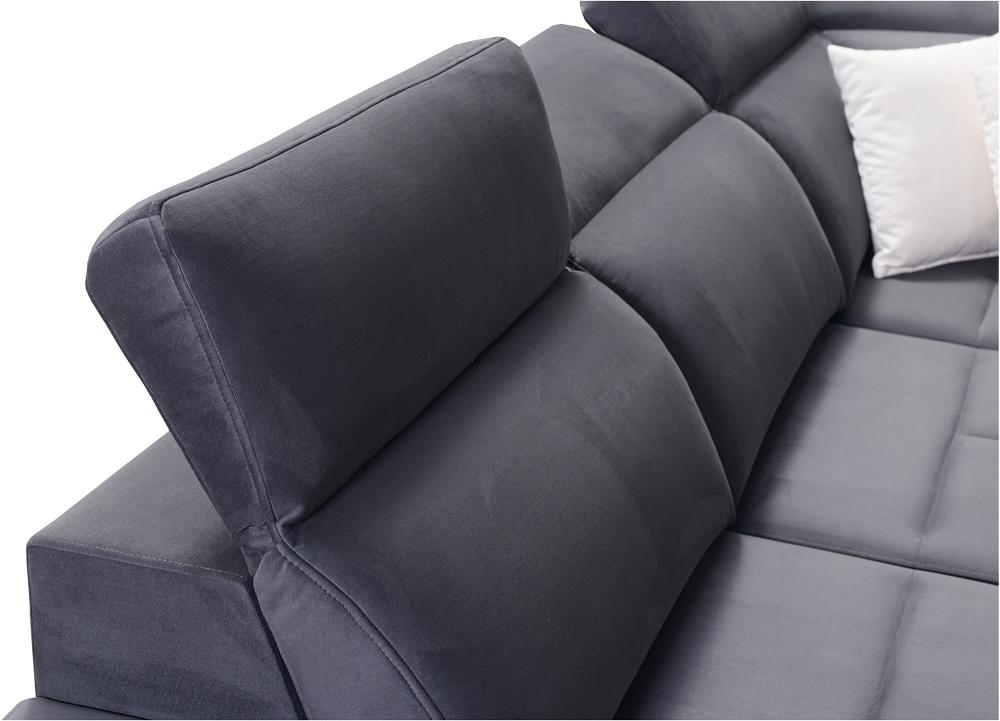 Deus mørkegrå sovesofa med chaiselong vist justerbare nakkestøtter